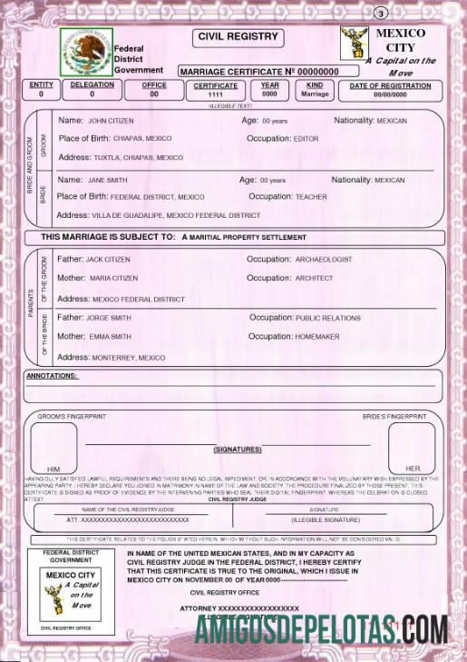 Imprimível modelo de certidão de casamento no México em formato PSD